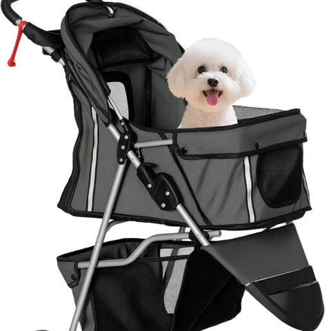 Pet stroller with a small dog inside on a white background